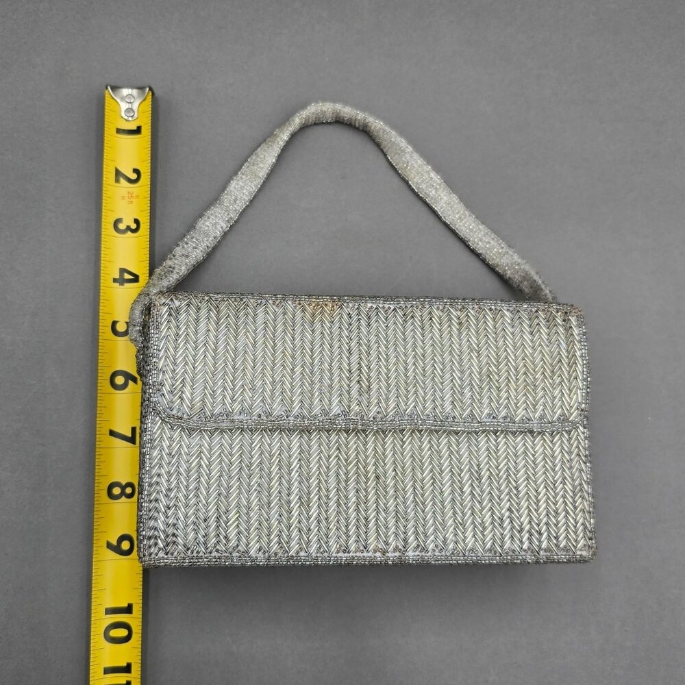VTG Silver Beaded Herringbone Evening Bag Top Handle 50s La Regale READ - Picture 13 of 15